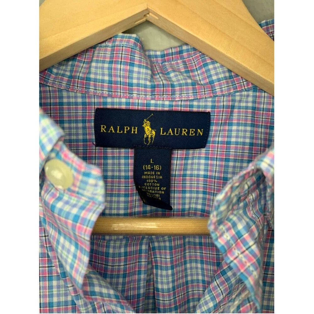 Ralph Lauren Blue Plaid‎ Button Down Shirt Boys Large 14/16